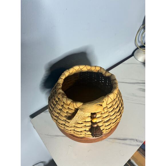 Handwoven Signed Basket by Joanne Brehmer Leather & Bead Accent Rustic Folk Art - Picture 3 of 6